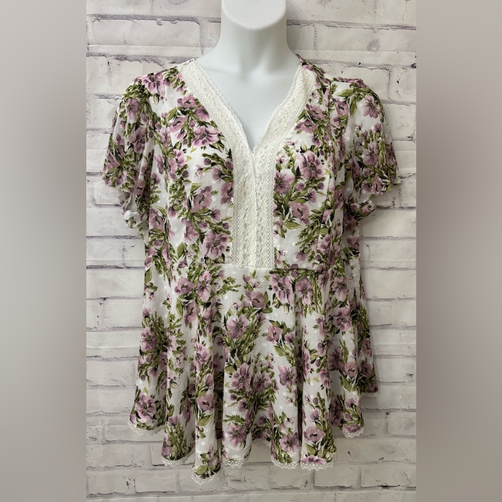 Torrid Peplum Chiffon Lace Inset Floral Top‎ Plus Size 2 Fairy Y2K 90’s Feminine